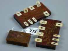Two Shibayama bezique markers in Japanese hardwood with gilt foliage, eight inset flip ivory tabs to