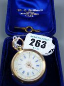 A fourteen carat gold bright cut lady's keywind fob watch with white enamel dial, blue Roman