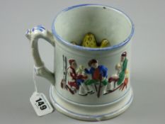 A Staffordshire pottery frog mug with relief pattern of gentlemen in a tavern and yellow frog to the