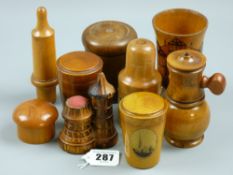 Nine miscellaneous items of treen including a French grater, two mauchline type lidded glass