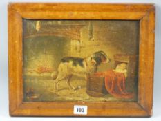 Unknown late 19th Century print laid to board - depiction of 'Gelert' with the Gelert keeping eye