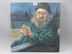 CARL F E HODGSON oil on canvas on stretcher, unframed - a bearded man on a bench by the Mersey,