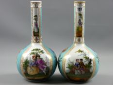 A pair of Dresden bottle vases depicting hand painted gilt framed scenes of courting couples with