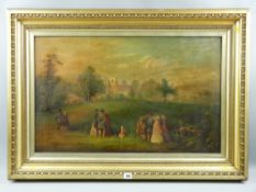Early 20th Century oil on canvas - parkland and cathedral scene with numerous figures, 47 x 66 cms