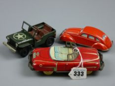 Three vintage tinplate vehicles including a US Army jeep marked 'Made in US Zone, Germany', 17 cms