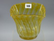 A controlled bubble pattern type yellow ochre square top glass vase with polished pontil base, 14