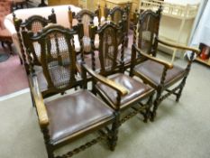 A good set of six (four plus two) barley twist oak dining chairs with carved chamfered top rail