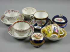 Three 18th Century tea bowls, two with saucers, all having hand painted floral decoration, two
