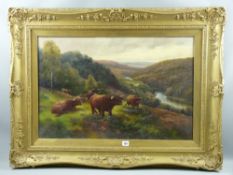 HENRY ROBINSON HALL oil on canvas - seven Highland Cattle on a wooded bank above a river valley,