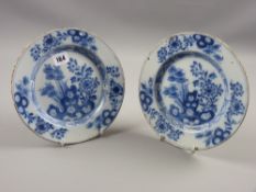 A pair of 18th Century polychrome plates, tin glazed blue and white decorated plates of flora and