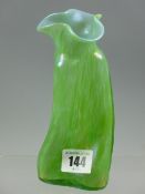 A Loetz type iridescent glass vase of pinched twisted form with a polished pontil base, 16 cms high