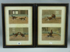 After HENRY ALKEN four coloured cockfighting engravings in sets of two each within a single frame,
