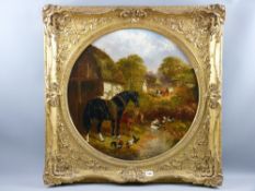 JOHN FREDERICK HERRING JNR oil on canvas, circular format - two horses by a farm building with ducks