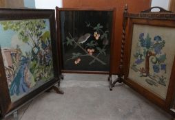 Three vintage tapestry fire screens (one with barley twist supports)