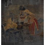 An antique pictorial sampler in an oak frame with gilt slip depicting three figures in a market