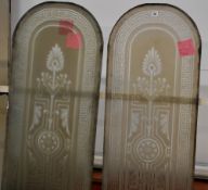 Thirteen matching panes of early nineteenth century arch shaped frosted glass and with Grecian key