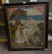 An antique pictorial tapestry in a stained frame with gilt slip depicting two regal figures
