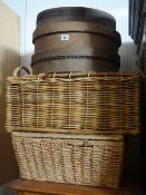 Two wicker baskets and three garden sifters
