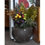 A large twin handled cauldron style flower vessel and sundry other potted plants