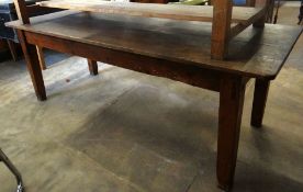 A joined oak refectory style table on four corner tapered supports, 228cms long