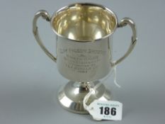 A hallmarked silver two handled trophy, Birmingham 1938, 3 troy ozs, inscribed 'Clay Pigeon