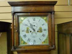 An 18th Century oak and crossbanded longcase clock having a stepped cornice to a square hood with