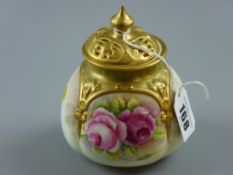 Royal Worcester - pot pourri vase with pierced gilt decorated finial lid, raised gilt shoulders over