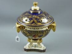 A large Derby pot pourri and cover, 19th Century with rich gilt decoration on a cobalt ground,