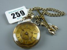 A lady's eighteen carat gold encased fob watch, the case chased in scrolls and flowers and with a