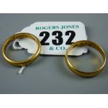 Two, twenty two carat gold plain wedding bands, 8.5 grms