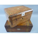 A walnut and dart inlaid oblong lidded sewing box with mother of pearl inlays and another, both