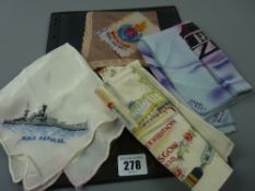 Four silk handkerchiefs, two needlework examples for the Royal Marines and HMS Repulse, two