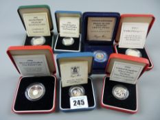 Seven assorted cased Royal Mint silver proof Piedfort coins, various denominations all with