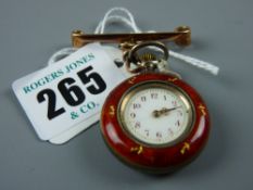 A gold and rust enamel encased lady's fob watch with believed gold safety pin and swivel