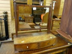 A Georgian mahogany swing toilet mirror with two drawer bow fronted base, 47 x 47 cms