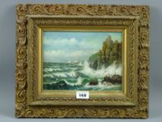 G A LAWSON oil on canvas - sea birds at a rocky cliff with crashing waves to the foreground and