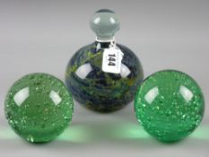 Two green glass Victorian dump style paperweights with bubble inclusions along with a Mdina mallet