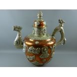 A substantial and very impressive Tibetan ceremonial tea kettle, copper body and lid with brass