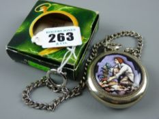 A modern Russian Manhua pocket watch with enamel figural back and white metal Albert chain