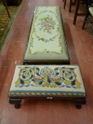 A small oblong polished tapestry top footstool with cabriole supports and a longer mahogany
