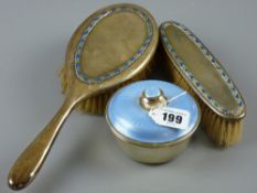 A circular silver dressing bowl with blue enamel lid, 4.3 troy ozs, Birmingham 1950 and two silver