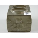 Liberty Pewter - a square pewter tea caddy with raised floral decoration in the Arts & Crafts