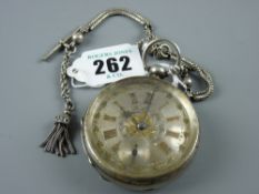 A silver encased gent's keywind pocket watch with silver dial and yellow metal Roman numerals