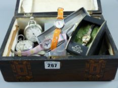 A parcel of mixed, mainly modern, pocket and wristwatches contained in a walnut sewing box