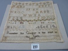 An early 19th Century needlework sampler by Margaret, aged 14, dated 1827 (worn areas, some staining