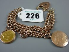 A nine carat rose gold double charm bracelet with padlock, medal fob dated 1923 and a mounted 1911