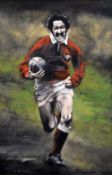 OIL ON BOARD PAINTING OF WELSH RUGBY LEGEND GERALD DAVIES RUNNING WITH BALL by artist Colin Kent, 90