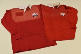 TWO WALES INTERNATIONAL RED JERSEYS FROM THE CWMTWRCH RFC COLLECTION being a non-numbered Welsh