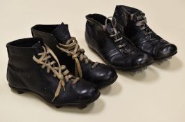 TWO PAIRS OF LEATHER RUGBY BOOTS WORN BY HAYDN TANNER, in black leather with laces and studs - one