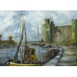 J DAVIES oil on board - Caernarfon Castle and Harbour with boats, signed and dated 1974, 44 x 74 cms